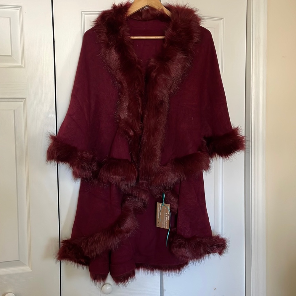 New Burgundy Faux Fur Cape / Shawl